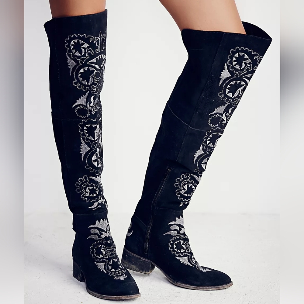 $598 FREE PEOPLE HIGH NOON TALL OVER THE KNEE OTK EMBROIDERED BOOT 38 7 7.5